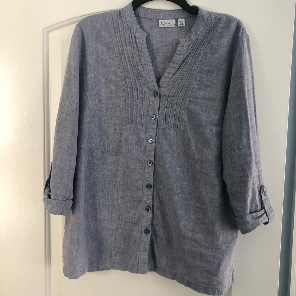 Kim Rogers soft denim look blouse. Size large in baby blue.